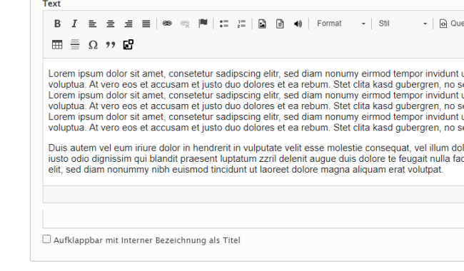 Screenshot um zu zeigen, wie man einen Text aufklappbar mit Interner Bezeichnung als Titel anlegen kann
